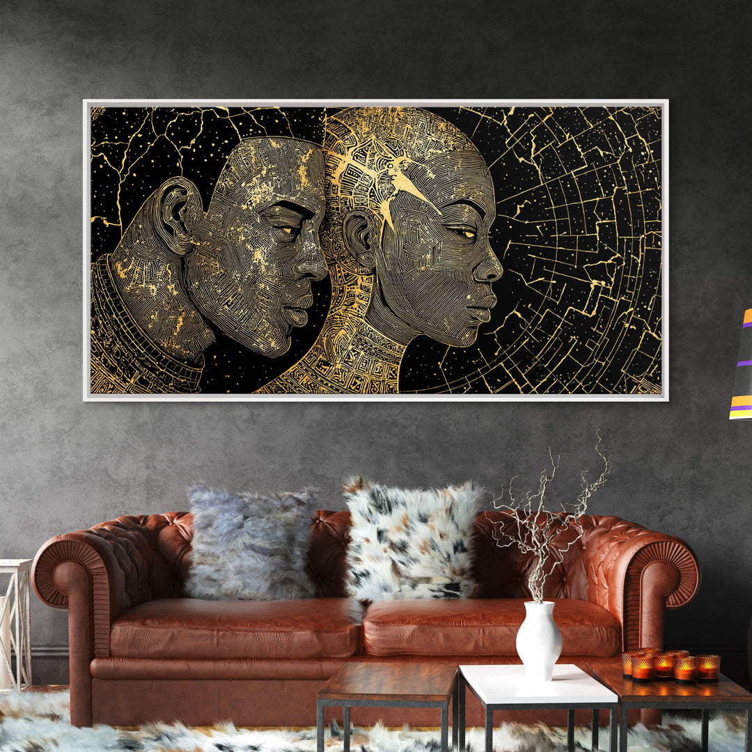 Golden African Profiles With Celestial Patterns Canvas Print, Afrocentric Portrait Wall Art, Black Culture Decor, Unique Gift