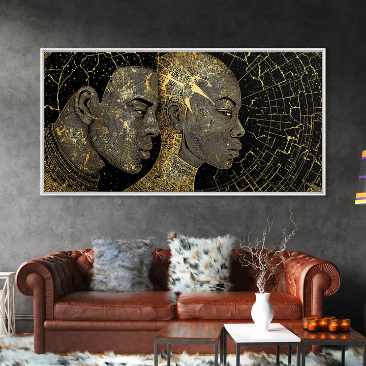 Golden African Profiles With Celestial Patterns Canvas Print, Afrocentric Portrait Wall Art, Black Culture Decor, Unique Gift