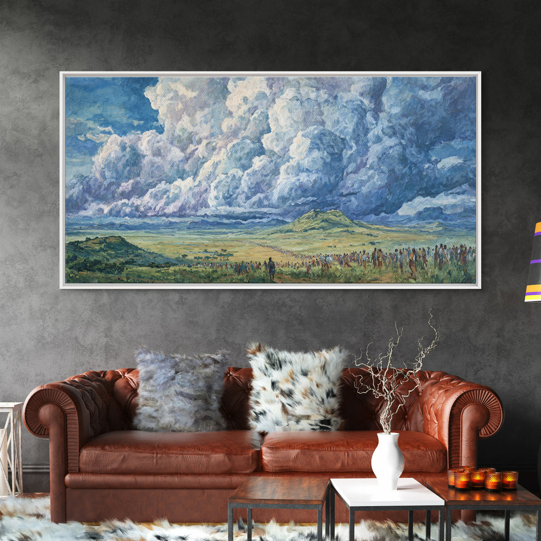 Vast African Plains Under Towering Blue Storm Clouds Canvas Print, Panoramic Wall Art, Cultural Landscape, Office Decor Art