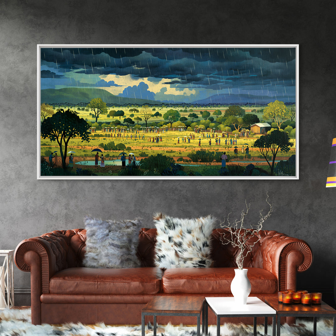 Rainy African Village Fields With Dark Monsoon Sky Wall Art, Motherland Landscape, Cultural Home Decor, Framed Canvas Print