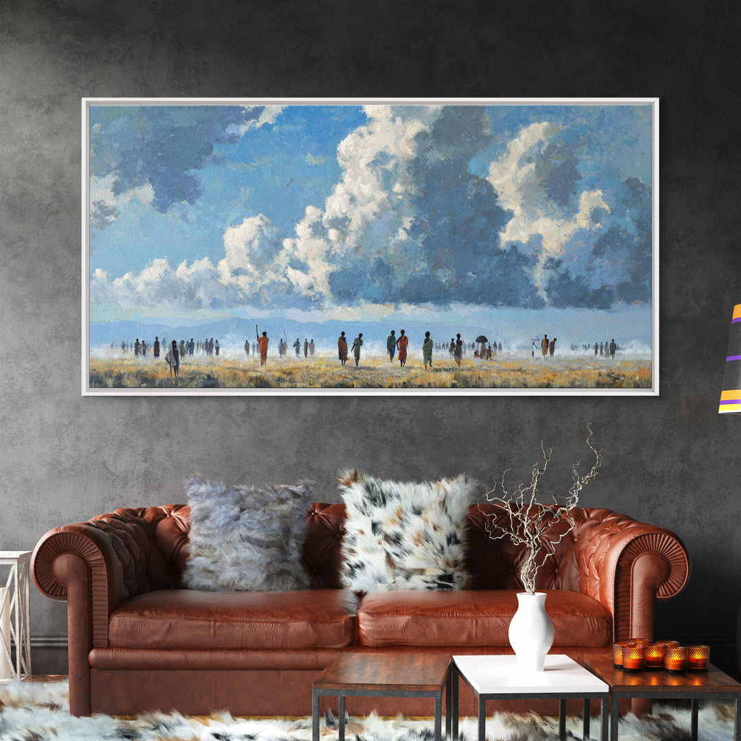 Open African Horizon With Walking Figures And Soft Clouds Wall Art, Minimalist Landscape, Blue Sky Decor, Canvas Print, Gift