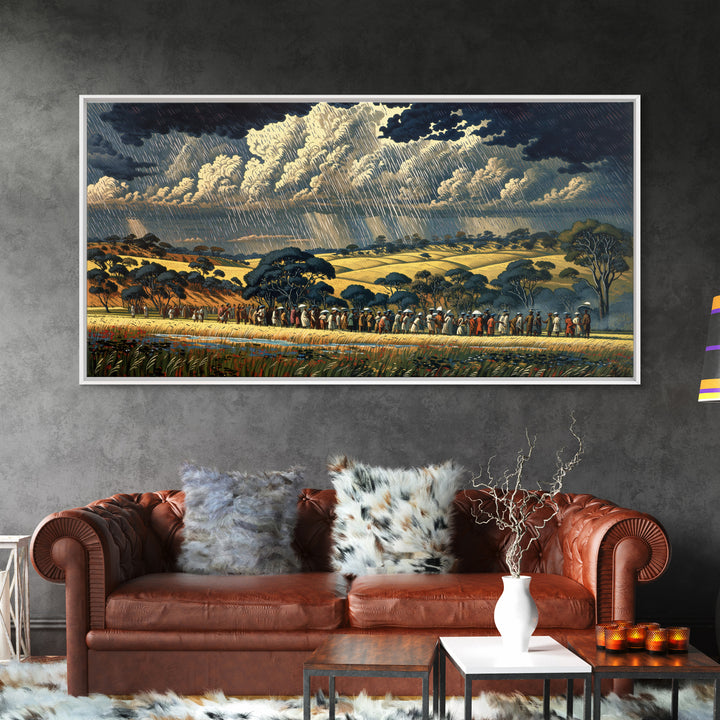 African Procession Through Sunlit Rainy Savanna Framed Canvas Print, Dramatic Storm Wall Art, Cultural Decor, Safari Gift