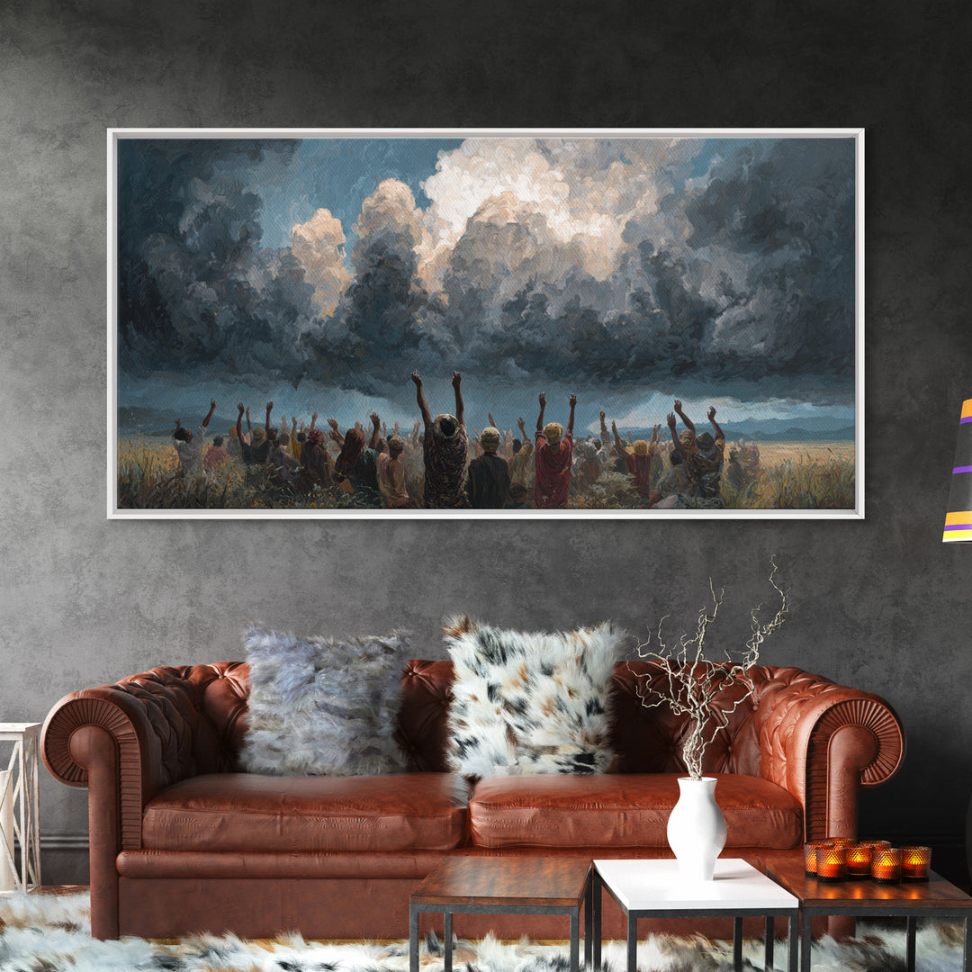 Joyful African Crowd Under Dramatic Storm Clouds Wall Art, Black Culture Celebration, Spiritual Decor, Panoramic Canvas Print
