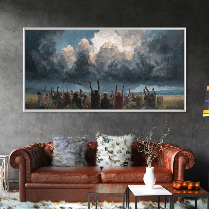Joyful African Crowd Under Dramatic Storm Clouds Wall Art, Black Culture Celebration, Spiritual Decor, Panoramic Canvas Print