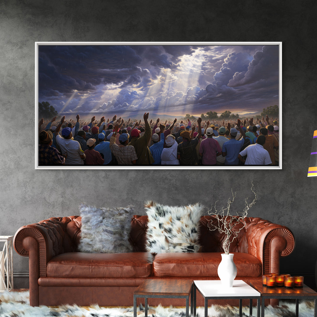 Hopeful African Gathering With Raised Hands Framed Canvas Print, Heavenly Storm Clouds Wall Art, Black Culture Decor Gift