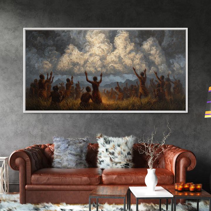 African Celebration Under Storm Clouds Wall Art, Afrocentric Culture Print, Black People Decor, Dramatic Safari Landscape