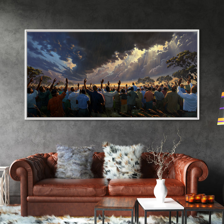Sunlit African Gathering Beneath Storm Sky Canvas Print, Afrocentric Wall Decor, Spiritual Safari Scene, Cultural Home Art