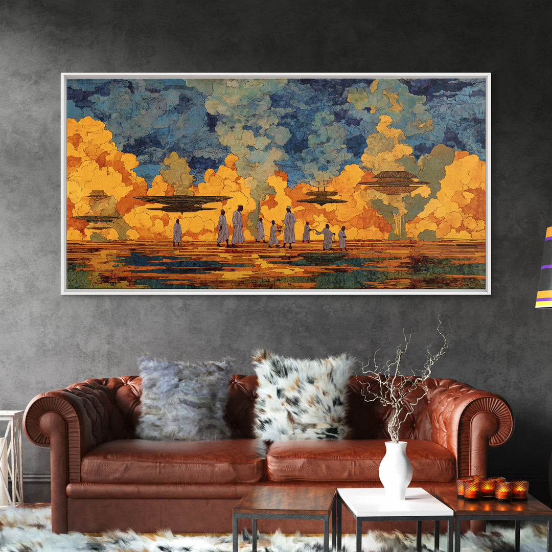 Golden African Village Scene Wall Art, Modern African Art Print, Cultural Landscape, Warm Earth Tone Living Room Decor Gift