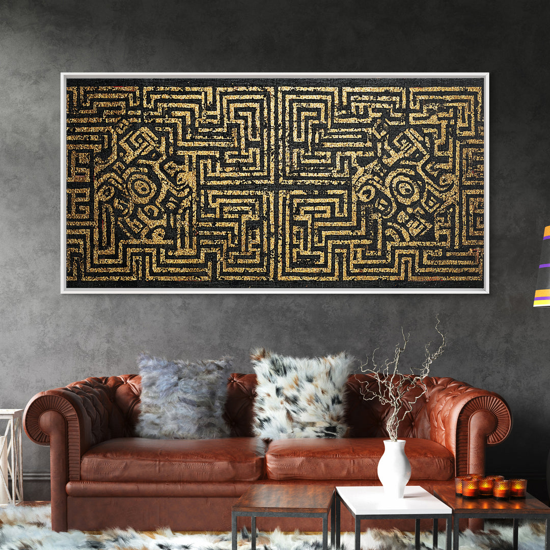 Black And Gold African Tribal Maze Canvas Print, Kuba Inspired Pattern Art, Ethnic Wall Decor, Bold Geometric Home Decor