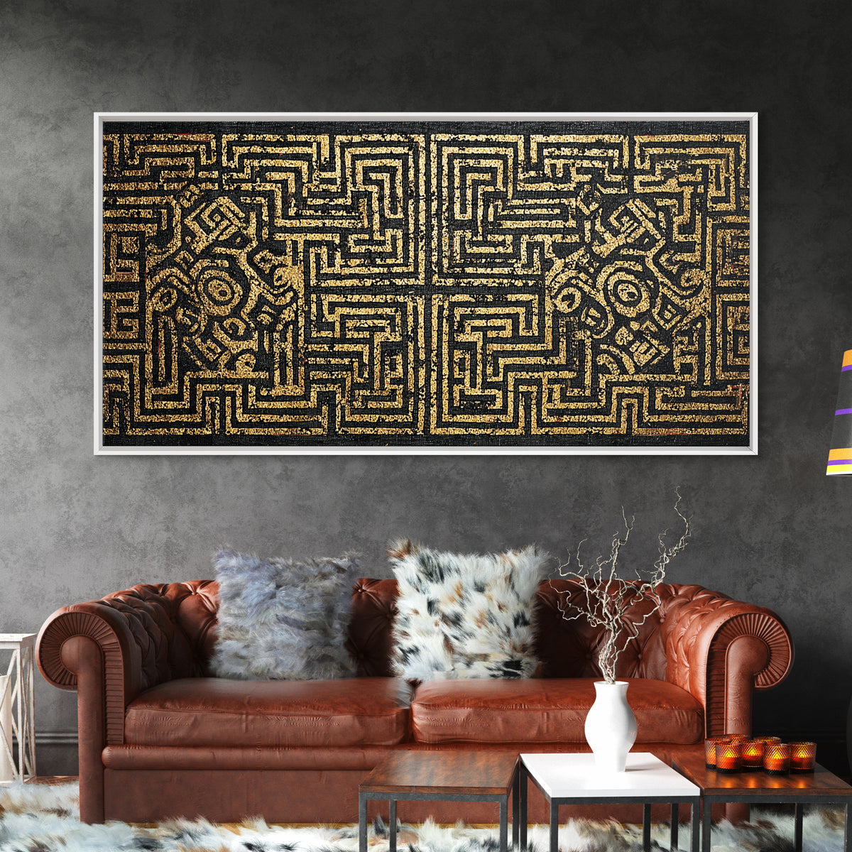 Black And Gold African Tribal Maze Canvas Print, Kuba Inspired Pattern Art, Ethnic Wall Decor, Bold Geometric Home Decor