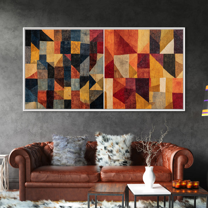 Modern African Geometric Patchwork Canvas Print, Abstract Ethnic Wall Art, Earth Tone Cubism Decor, Bold Home Decor Gift