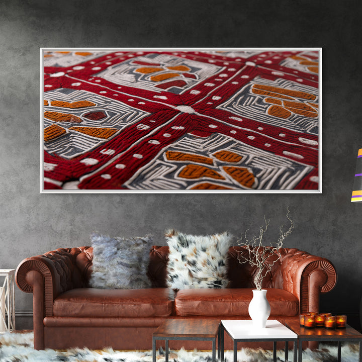 Red African Embroidered Textile Framed Canvas Print, Ankara Fabric Wall Decor, Tribal Pattern Art, Bold Cultural Home Decor