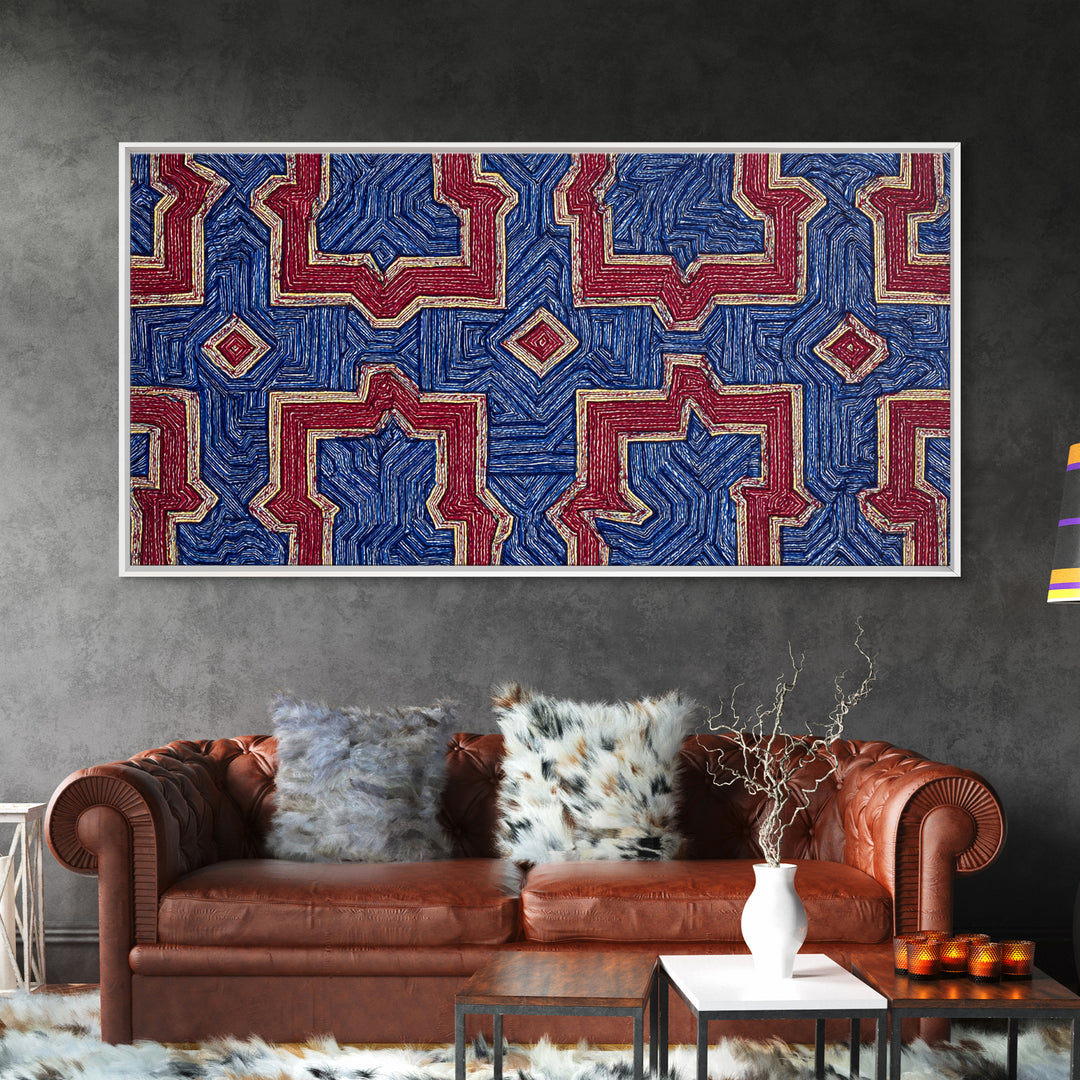 Red Blue Kuba Geometric Textile Pattern Wall Art, African Fabric Print, Tribal Decor, Modern African Art For Living Room