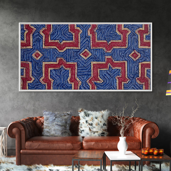 Red Blue Kuba Geometric Textile Pattern Wall Art, African Fabric Print, Tribal Decor, Modern African Art For Living Room