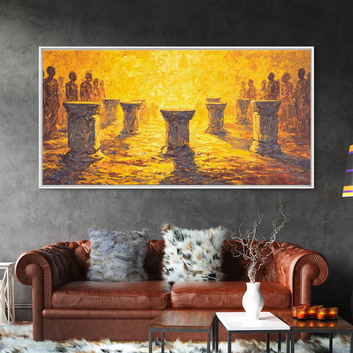 Golden Drum Ceremony Silhouette Wall Art, African Celebration Painting, Cultural Art Print, Warm Sunset Housewarming Gift