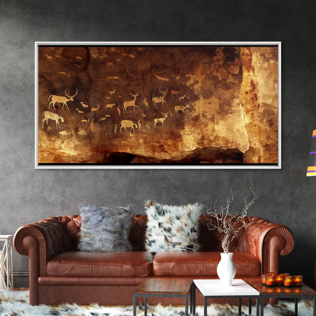 Ancient Cave Animal Herd Rock Painting Canvas Print, African Safari Art, Earth Tone Wall Decor, Tribal Culture Artwork Gift