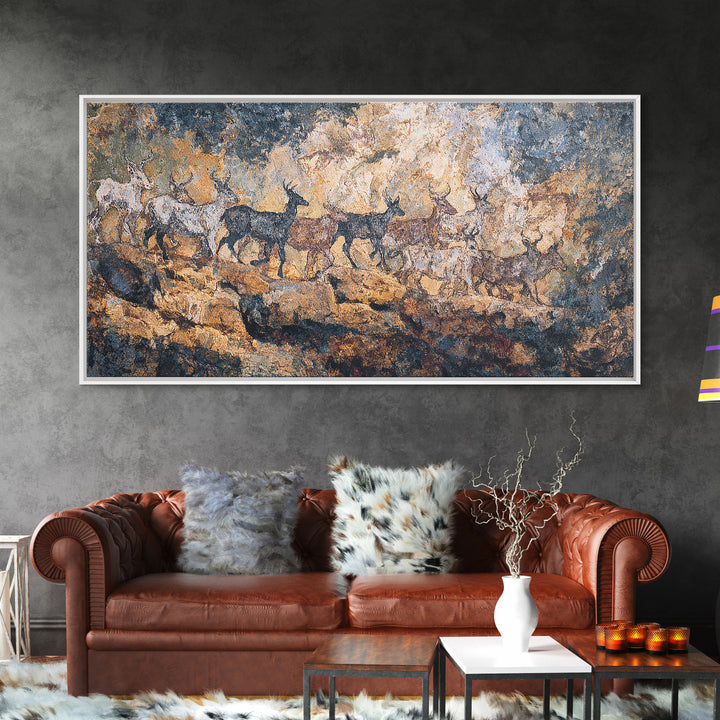 Blue Ochre Prehistoric Animal Herd Wall Art, African Rock Painting, Safari Decor, Earth Tone Tribal Art Print For Home Decor