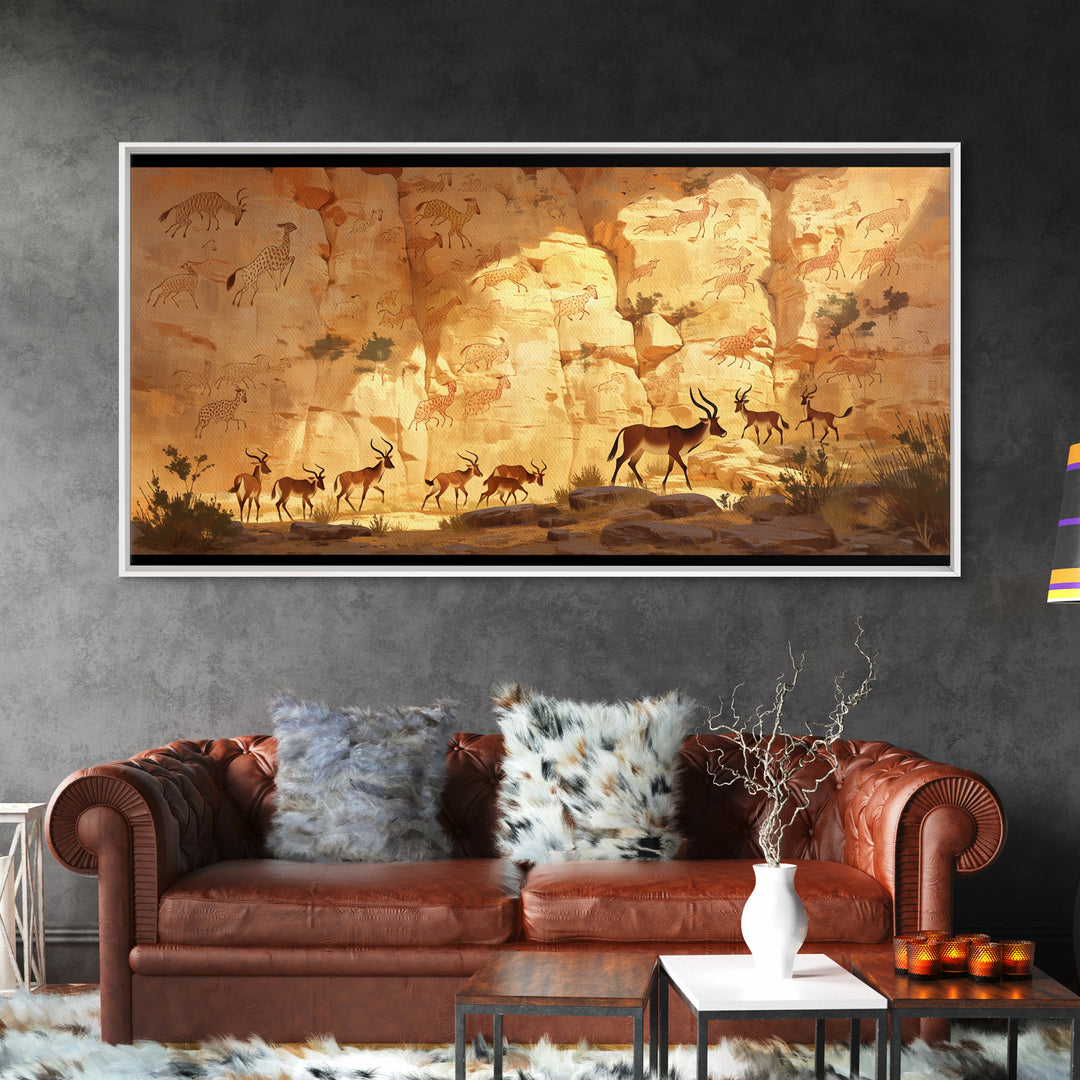 Desert Antelope Rock Art Framed Canvas Print, African Landscape, Safari Wall Decor, Ancient Cave Painting For Living Room