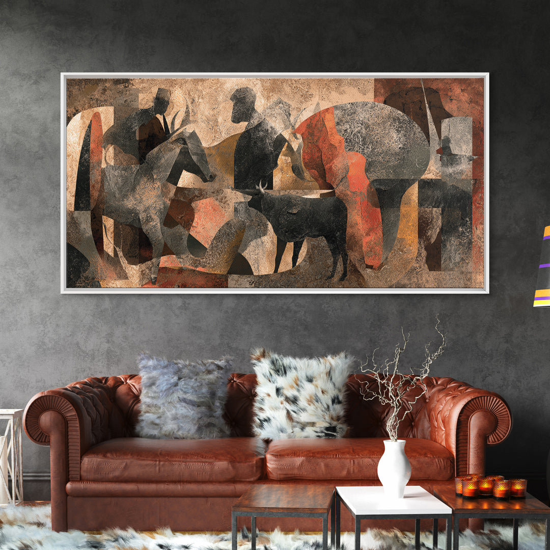 Abstract African Herdsmen And Cattle Wall Art, Modern Cubism, Tribal Decor, Earth Tone Canvas Print For Stylish Home Decor