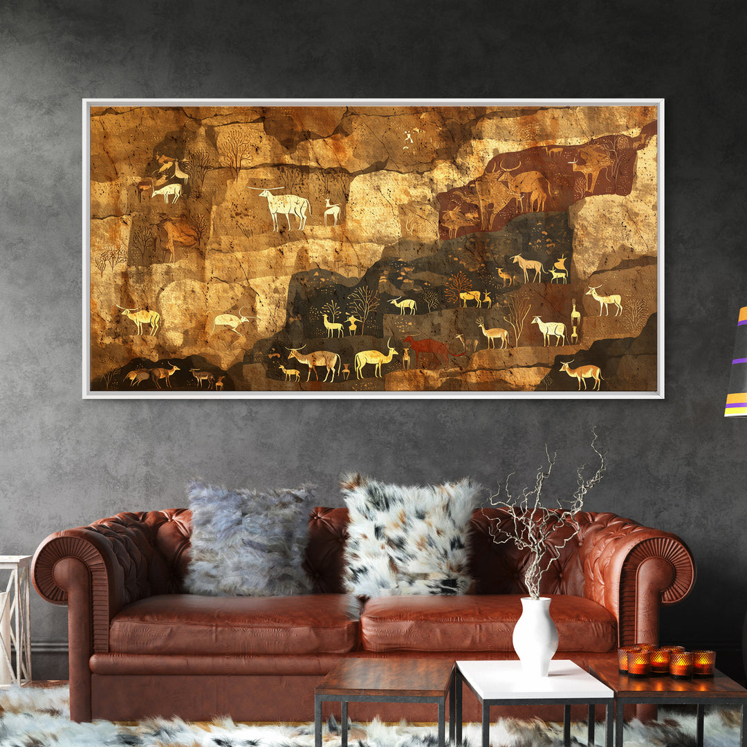 Ochre Cave Herd Rock Painting Canvas Print, African Animal Art, Tribal Wall Decor, Ancient Safari Artwork For Earth Tone Home