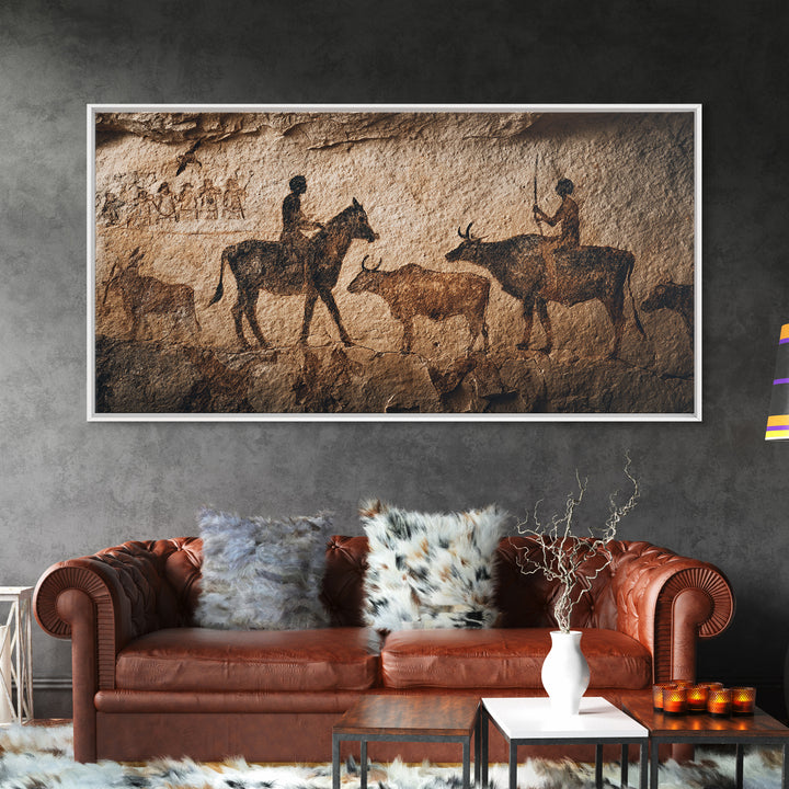 Ancient Cave Painting With Riders And Cattle Canvas Print, African Rock Art, Tribal Wall Decor, Rustic Home Decor Gift Idea
