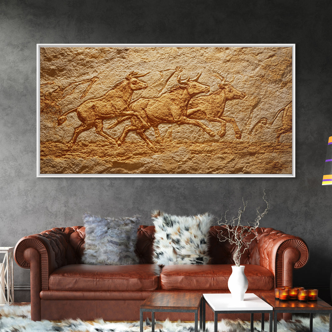 Carved Stone Antelope Herd In Ancient Cave Relief Wall Art, African Animal Art, Tribal Art Print, Earth Tone Decor, Rustic Home Decor