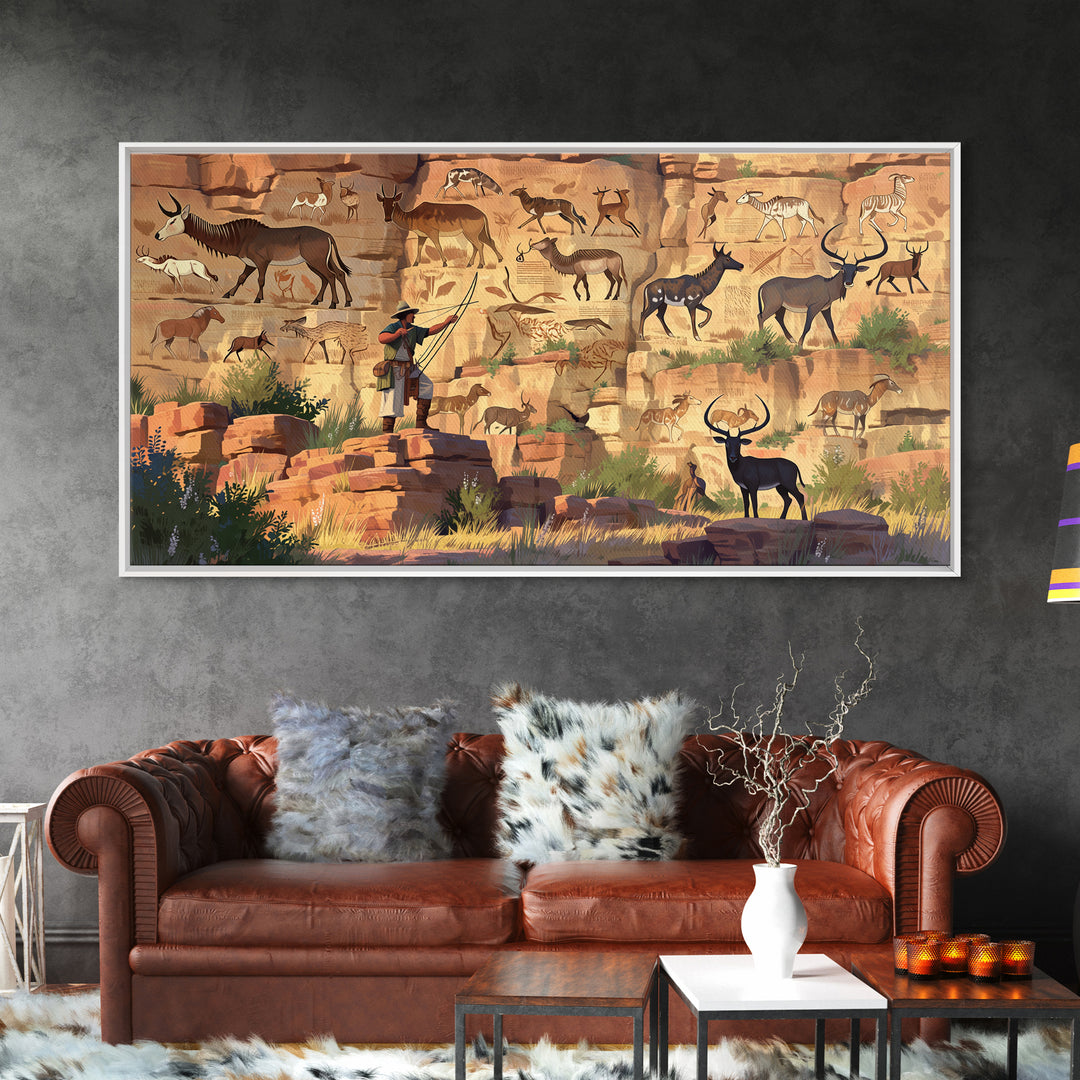 Desert Canyon Pictographs With Explorer And Antelope Canvas Print, African Inspired Rock Art, Safari Wall Decor Gift For Him
