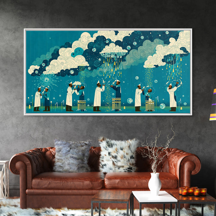 Scientists Harvesting Rain From Patterned Clouds Wall Art, Contemporary Art, Teal And Yellow Art, Modern Office Decor Gift