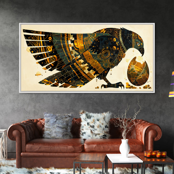 Ornate Egyptian Falcon With Golden Egg Canvas Print, African Egyptian Art, Black Gold Decor, Spiritual Wall Art Gift For Her