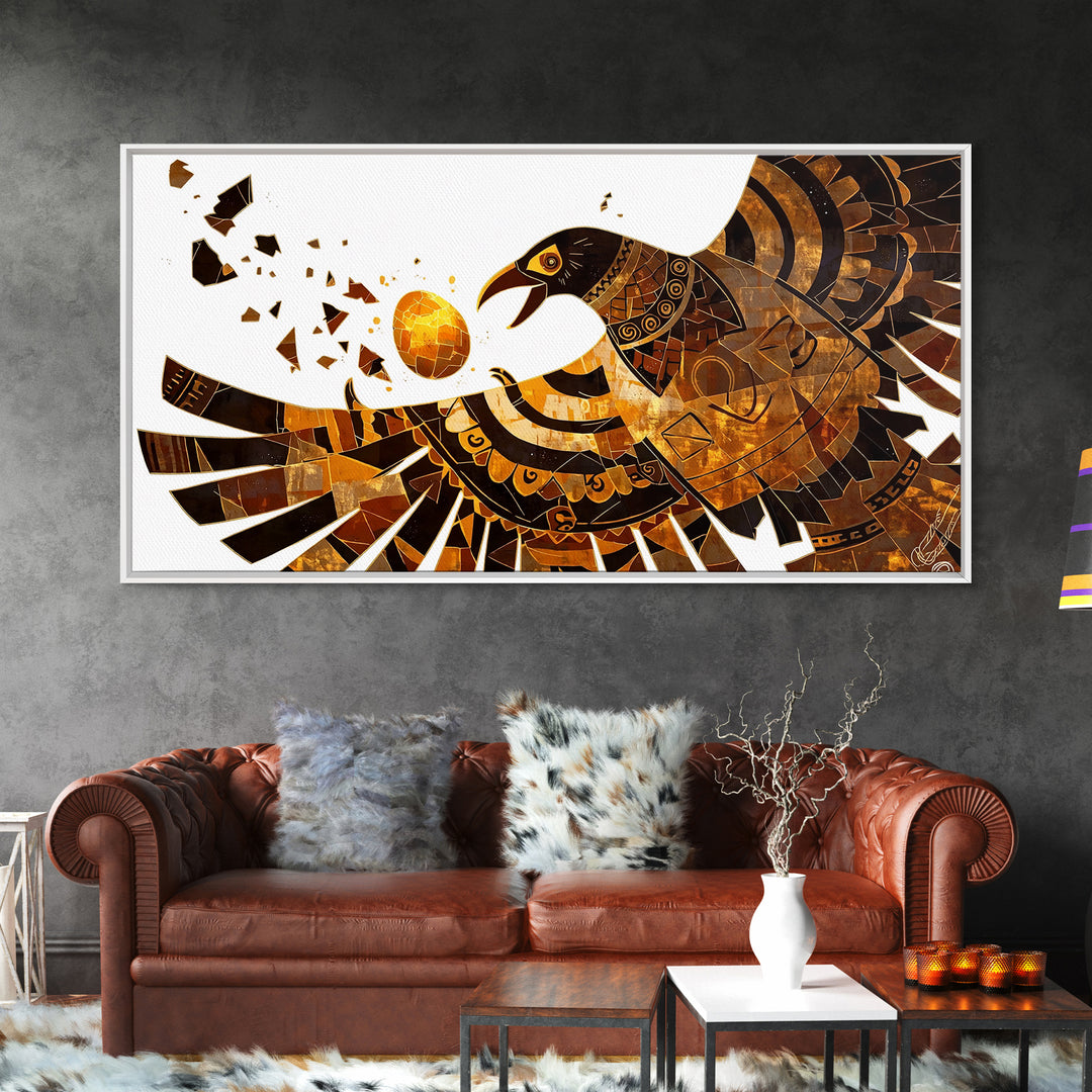 Geometric Black Gold Eagle Holding Sun Orb Canvas Print, African Inspired Abstract Art, Bold Wall Decor, Unique Canvas Gift