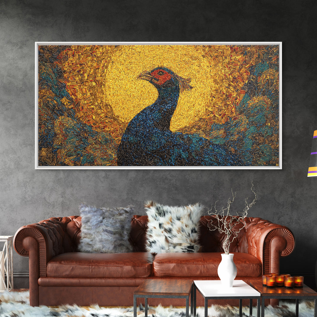 Blue Peacock Portrait Before Golden Sun Wall Art, African Inspired Bird Art, Textured Canvas Decor, Vibrant Living Room Gift