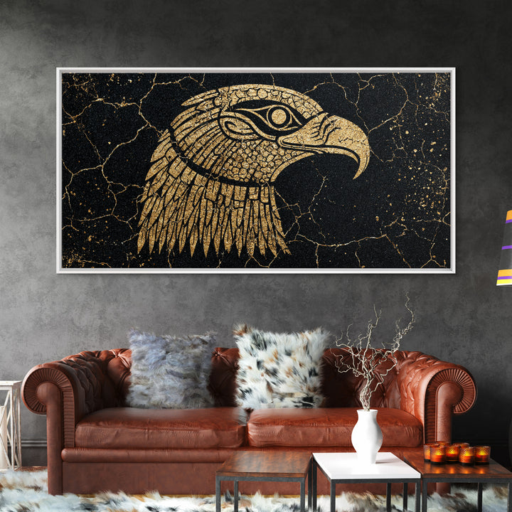 Gold Falcon Head On Black Cracked Stone Canvas Print, African Egyptian Art, Tribal Bird Decor, Luxury Wall Art Gift For Him