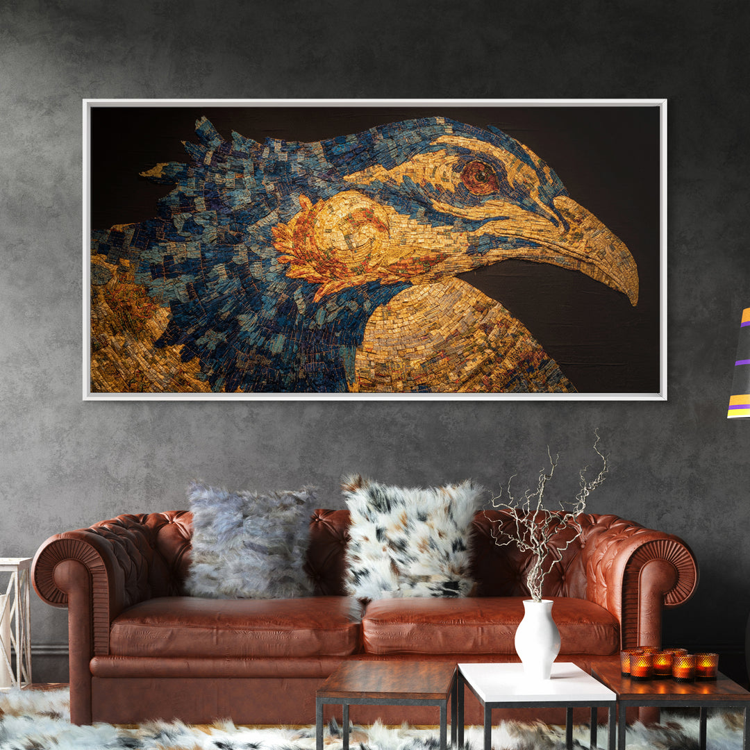 Blue And Gold African Bird Portrait Wall Art, Textured Safari Animal Artwork, Bold Modern African Decor Canvas Gift For Living Room