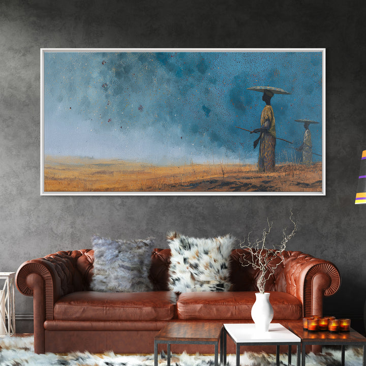 Blue Desert African Figures Wall Art, Minimalist Safari Landscape Painting, Modern Cultural Home Decor Canvas Gift For Bedroom