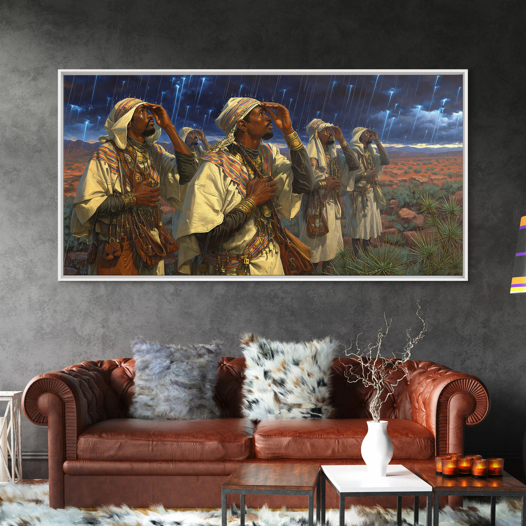 Berber Storm Watchers Canvas Print, African Warrior Art, Desert Lightning Scene, Tribal Wall Decor For Living Room And Office