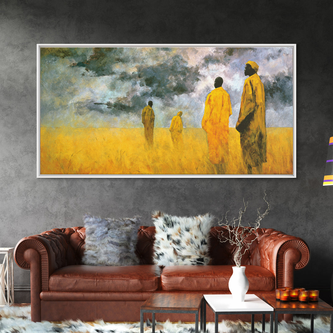 Yellow Robed African Figures Framed Canvas Print, Dreamy Savannah Landscape Wall Art, Cultural Home Decor Gift For Living Room
