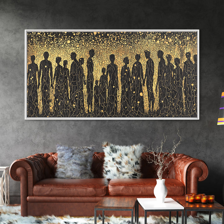 Gold African Silhouette Crowd Wall Art, Abstract Tribal Figures, Black And Gold Cultural Decor Canvas Print Gift For Office