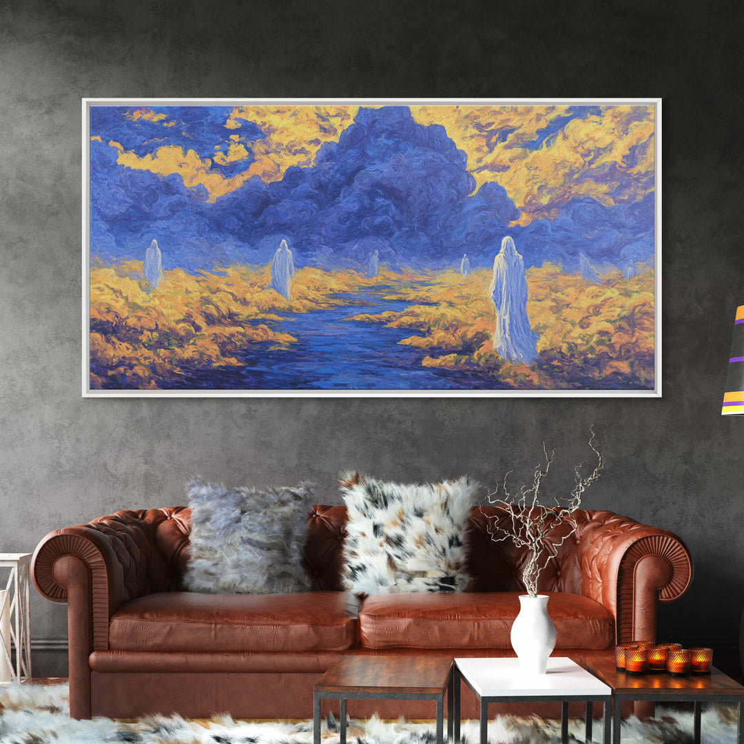 Blue Gold African Spirit Landscape Canvas Print, Mystical Savannah Wall Art, Dreamy Cultural Decor For Living Room And Office