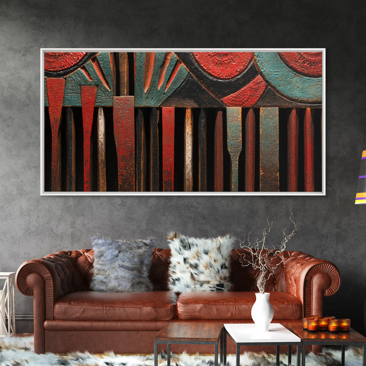 Red Teal Tribal Carved Wood Canvas Print, African Abstract Art, Ethnic Wall Decor, Bold Afrocentric Home Decor Gift For Living Room