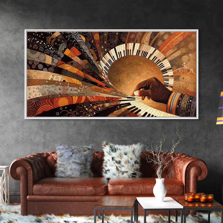 African Piano Sunburst Framed Canvas Print, Musician Hand Wall Art, Modern African Art, Afrocentric Culture Decor Gift Idea