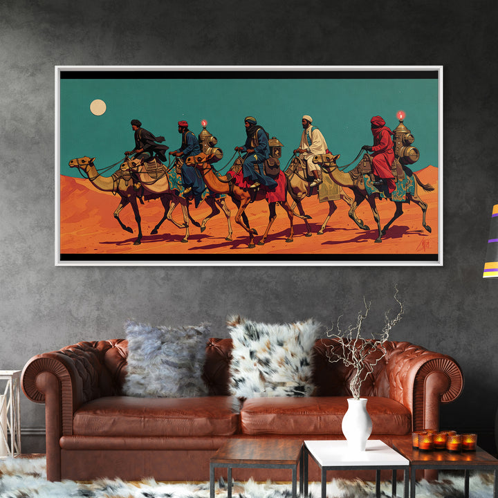 Camel Caravan Desert Travelers Wall Art, African Safari Art Print, Moroccan Travel Decor, Boho Southwestern Canvas Gift For Home