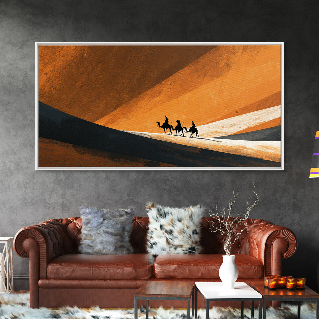 Minimal Camel Riders In Orange Dunes Canvas Print, African Landscape Wall Art, Desert Travel Poster, Earth Tone Decor Gift