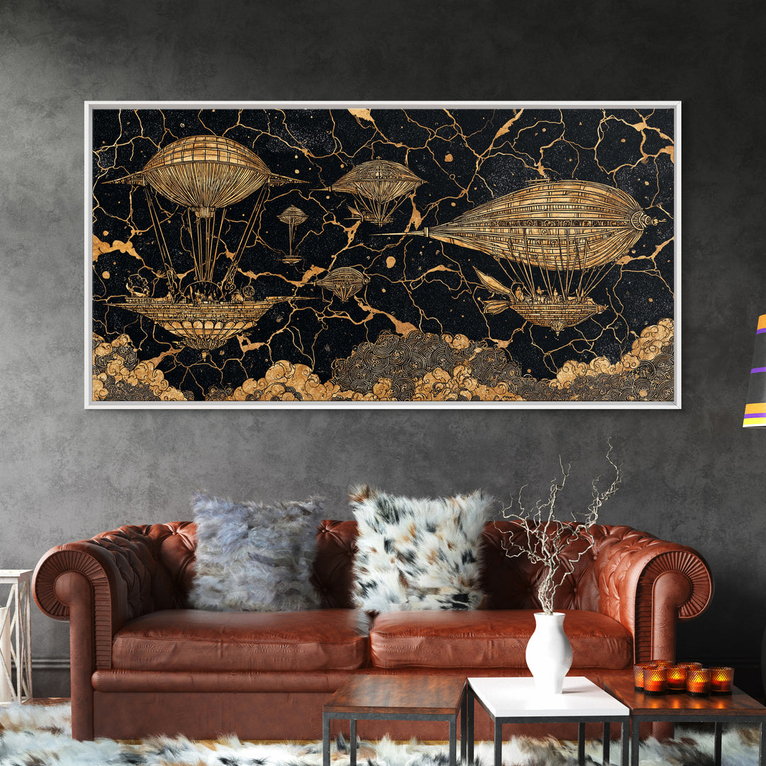 Gold Airship Fantasy Over Black Marble Wall Art, African Inspired Steampunk Canvas Print, Unique Statement Decor Gift For Office
