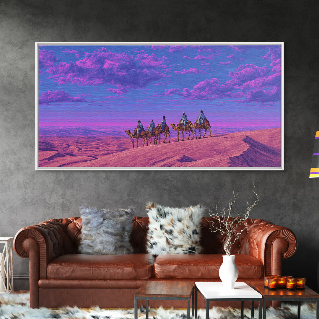 Purple Pink Camel Caravan Wall Art, Dreamy Desert Landscape Print, African Safari Art, Boho Travel Home Decor Gift For Living Room