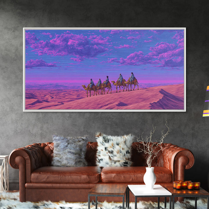 Purple Pink Camel Caravan Wall Art, Dreamy Desert Landscape Print, African Safari Art, Boho Travel Home Decor Gift For Living Room