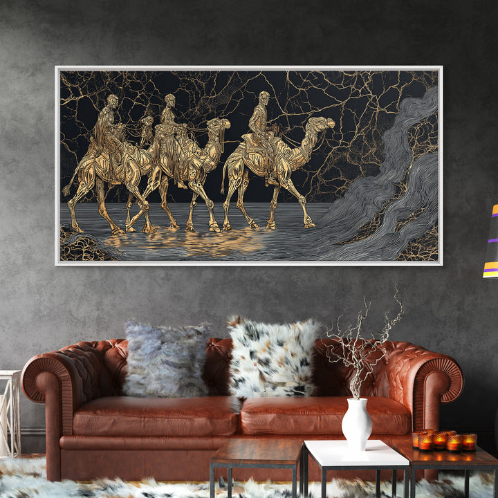 Gold Line Camel Riders Black Marble Wall Art, African Safari Canvas Print, Tribal Desert Decor, Modern Statement Gift For Home