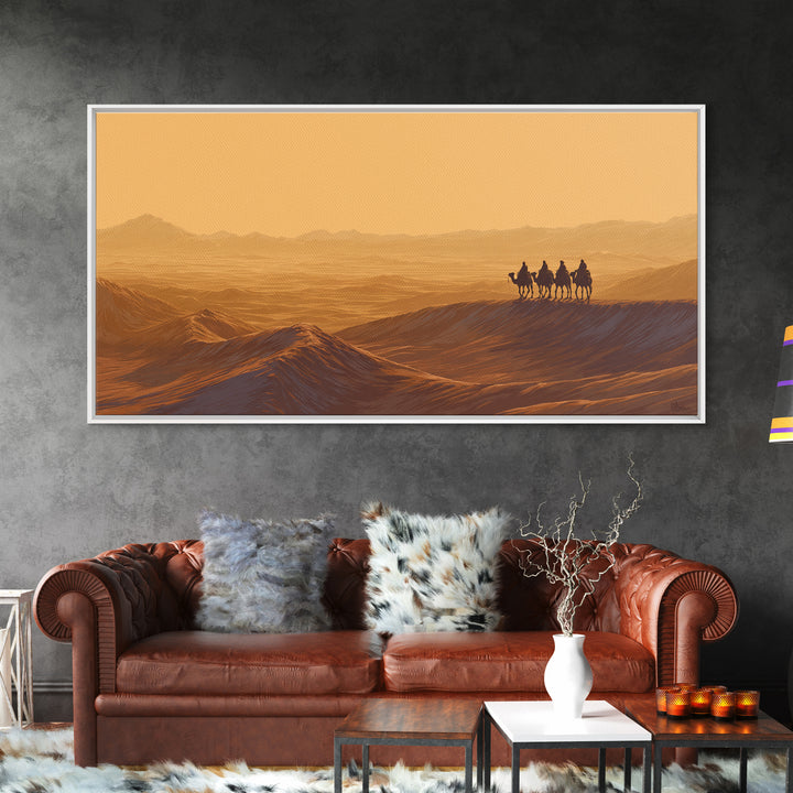 Golden Desert Caravan Silhouette Wall Art, African Landscape, Sahara Travel Poster, Earth Tone Wall Decor, Living Room Art