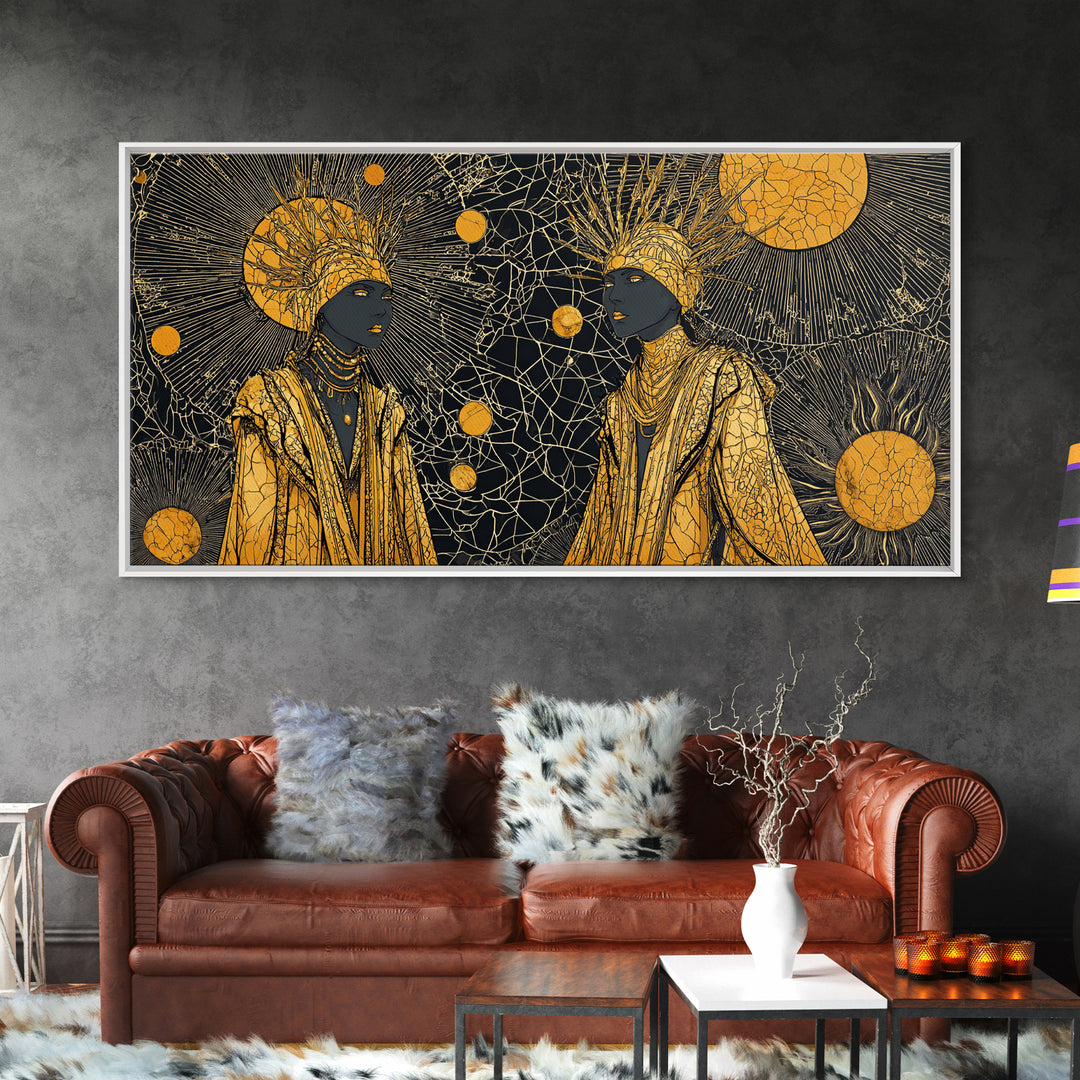 Two Regal African Women Canvas Print, Gold Celestial Portrait, Black Woman Art, Afrocentric Wall Art, Elegant Home Decor