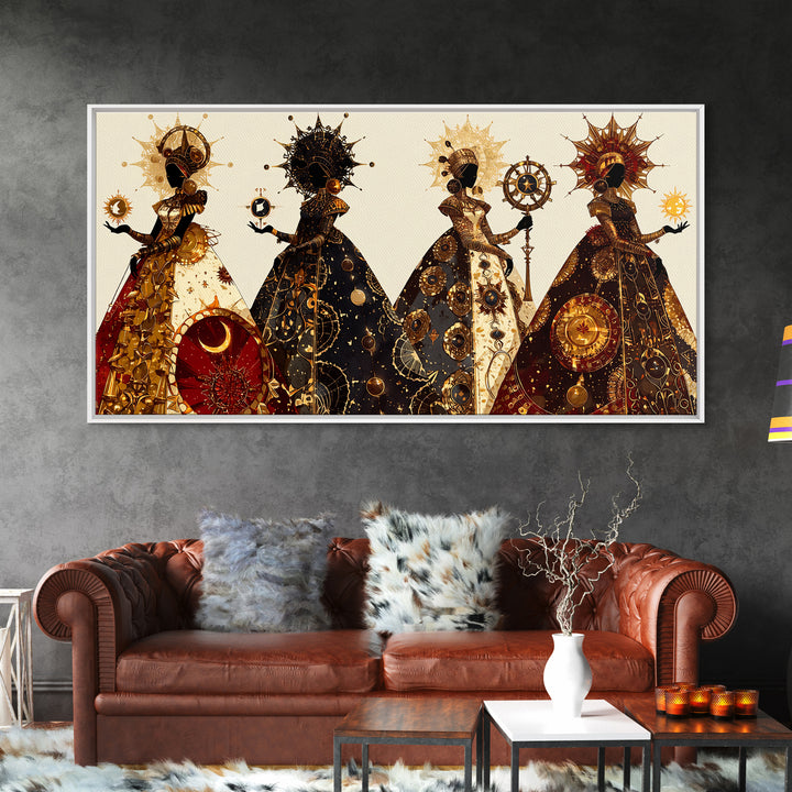 Four Celestial African Queens Framed Canvas Print, Black Goddess Art, Gold Spiritual Wall Decor, Afrocentric Artwork Gift