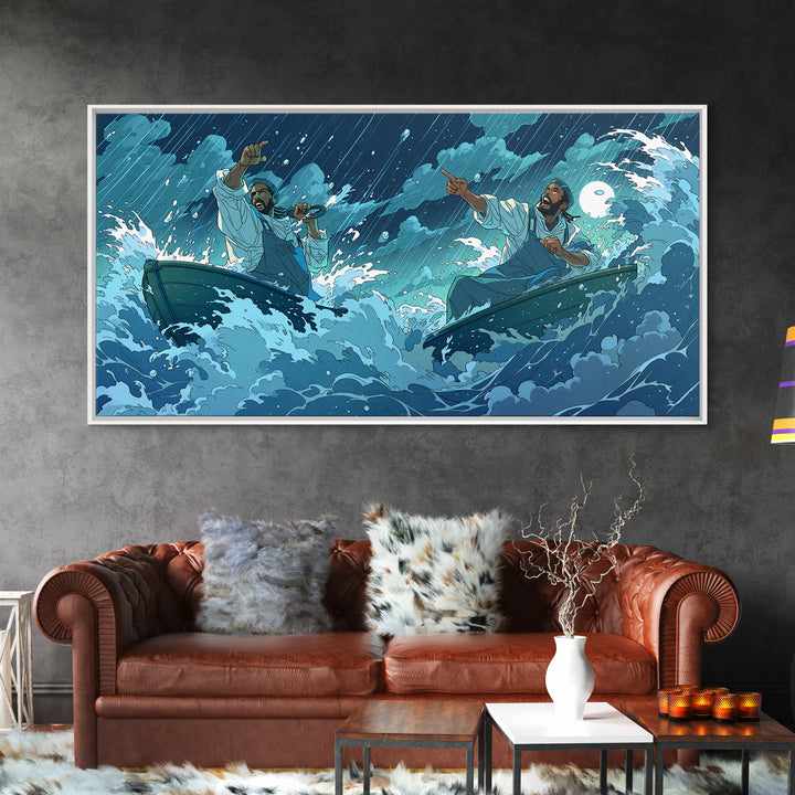 Stormy Sea Boatmen Wall Art, Blue Ocean Waves, African Inspired Spiritual Art, Fishermen Canvas, Dramatic Home Decor Gift